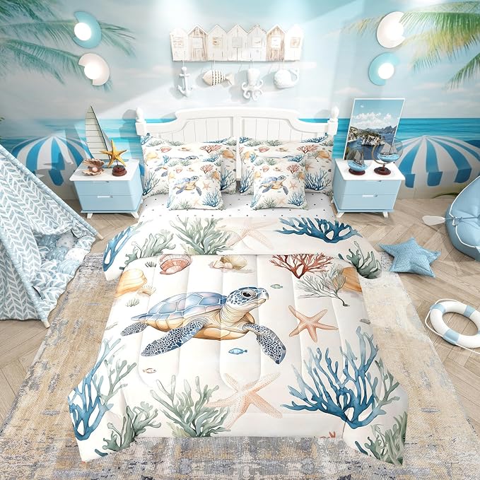 Erosebridal Cartoon Sea Turtle Comforter Set with Sheets Twin Size, Ocean Animal Tortoise Bed in A Bag, Underwater World Sea Animal 7 Pieces Bedding Set, Kawaii Starfish Bedding Comforter Sets by Erosebridal