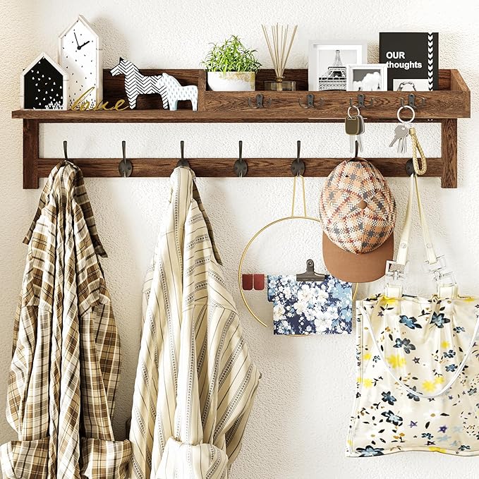 AMBIRD Coat Rack Wall Mount, 35 inch Large Wall Hooks with Shelf, Entryway Shelf with 7 Dual Coat Hooks 4 Key Hooks Mail Organizer, Wooden Coat Hanger and Key Holder Wall Mount by AMBIRD