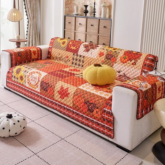 EVENHUG Fall Sofa Cover for Festival Home Decorations Thanksgiving Slipcover Furniture Protector Washable Couch Cover with Non Slip and Elastic Straps for Kids Pets Dogs (Sofa) - Image 5