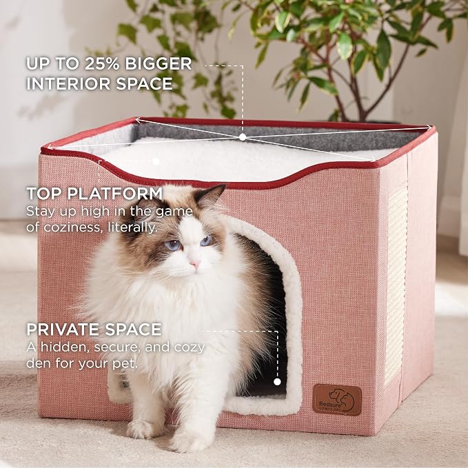 Bedsure Cat Beds for Indoor Cats - Large Cat Cave for Pet Cat House with Fluffy Ball Hanging and Scratch Pad, Foldable Cat Hideaway,16.5x16.5x13 inches, Pink | 16.5x16.5x13 in,Large Cat Cave for Multiple Pets,Foldable Cat Hideway Cube for Sleeping Kitten - Image 2