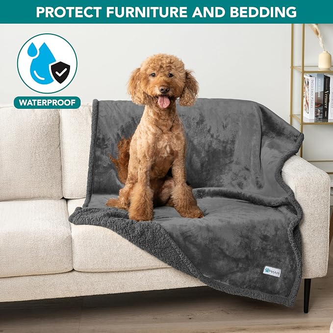PetAmi Waterproof Dog Blanket for Couch, Large 60x40, Pee Proof Sherpa Fleece Reversible Pet Throw, Furniture Protector for Bed Sofa Kennel, Soft Washable Cover for Medium Dogs Cats, Grey Sherpa - Image 7
