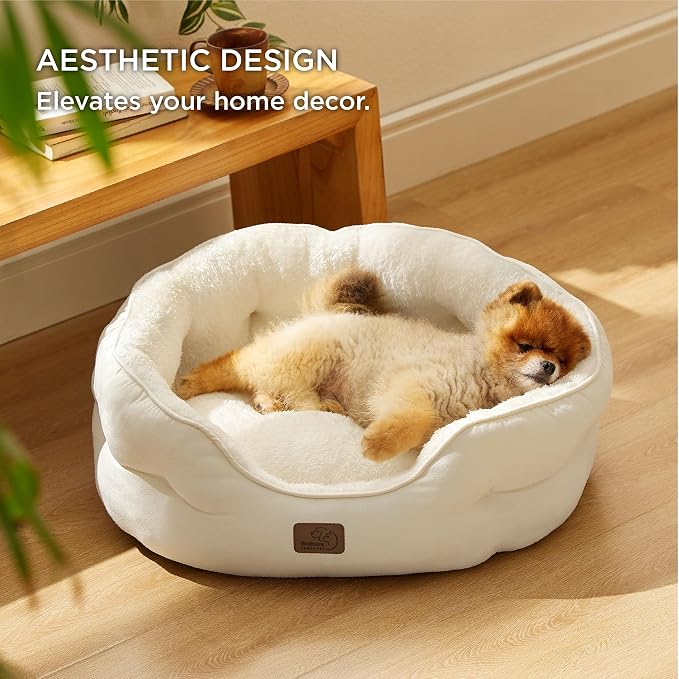 Bedsure Small Dog Bed Washable,Round Cat Beds for Indoor Cats,25in Ivory | Soft Plush Pet Bed,Dog Beds for Small Dogs for Puppy and Kittens,Anti-Slip Bottom,Easy to Clean - Image 6