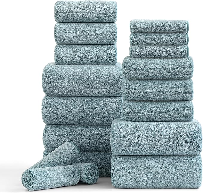 18 Piece Bath Towels Set,100% Microfiber Family Bathroom Towel with Hanging Loops-6 Bath Towels,6 Hand Towels,6 Washcloths,Quick Dry Highly Absorbent Shower Towel for Bathroom,Hotel,Spa-Turquoise by Ycosy