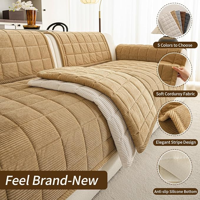 Velvet Couch Covers for Sectional Sofa Washable, Non-Slip L Shaped Sectional Couch Cover, Soft Pet Couch Covers for Sofa, Furniture Slipcovers for 3 Cushion Couch(1PC,35"x94",Light Brown) - Image 5
