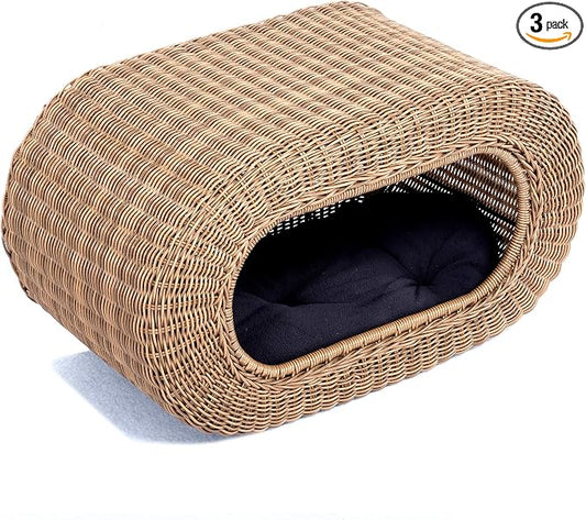 Fun Stackable Wicker Cat Hideaway House - Interactive Play Rattan Cat House for Indoor Cats Kitty, Pet Friendly Top/Side House Entry, Cat Bed Enclosed by D%2BGARDEN