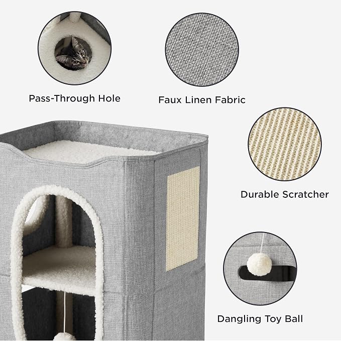 Bedsure 2 Story Cat House for Indoor Cats with Scratch Pad,18x14x23 Grey | Cat Bed Condo for Multiple Pets, With Fluffy Ball, Foldable Hideaway Pet Cave Cube for Sleeping Kitten - Image 3