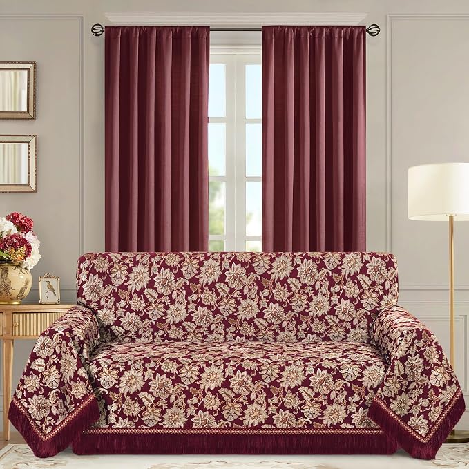 Loom and Mill Luxury Vintage Jacquard Sofa Couch Covers, Burgundy, 71"x118" | Elegant Damask Floral Sofa Throw Cover with Tassels for 2-3 Cushion Couch, Sectional Couch Cover Sofa Slipcover for Dogs Pets - Image 2