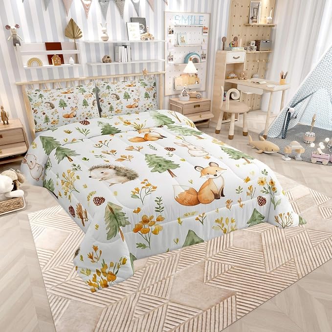 Manfei Cartoon Animals Bedding Set Queen Size,Cute Fox Rabbit Hedgehog Comforter Set Kids Boys Girls Room Decor,Watercolor Flower Tree Pine Cone Quilt Set Soft Duvet Insert 3pcs with 2 Pillowcases - Image 2