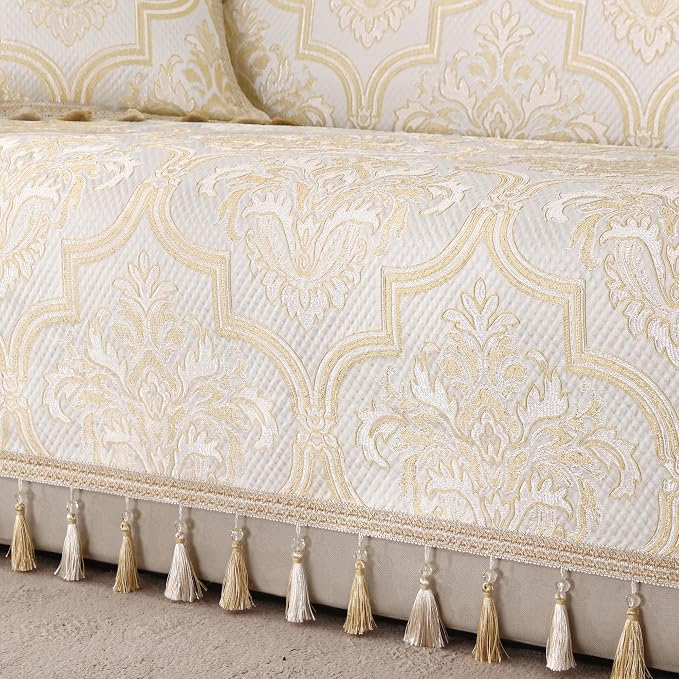 Loom and Mill European Elegant Sofa Couch Covers, Beige Gold, 71"x118" | Luxury Damask Floral Sofa Throw Cover with Tassels for 2-3 Cushion Couch, Sectional Couch Cover Sofa Slipcover for Dogs Pets - Image 4