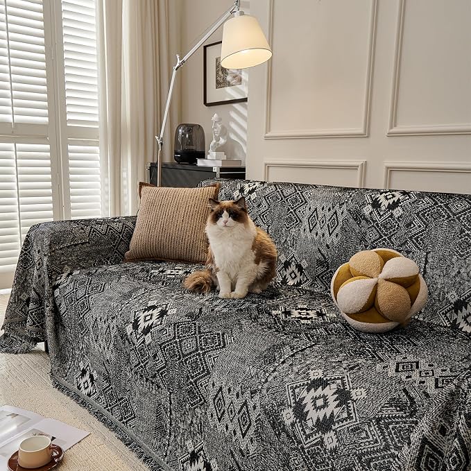 DREAMINGO Couch Covers for Sofa Boho Geometric Jacquard Vintage Sofa Covers 3 Seater Non Slip Chenille Furniture Protector for Dogs Pets Washable Sectional Couch Slipcovers, Black, 71"x150" - Image 3