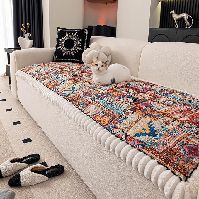 STACYPIK Boho Ethnic Dogs Couch Covers Washable, Pet-Scratch Resistant Sofa Cover for 2 Cushion Couch, Soft Plush Coral Non-slip Cushion Cover, Retro Aesthetic Jacquard Furniture Protector-27.6X59.1IN by STACYPIK