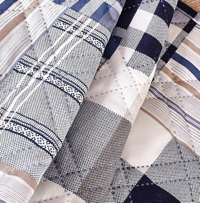 Brilliant Sunshine Blue Plaids & Stripes Couch Armchair Cover, 23" seat | Patchwork Design, Non Slip Sofa Cover, Quilted Furniture Protector, Washable Chair Slipcover for Pets, Dogs & Cats - Image 4
