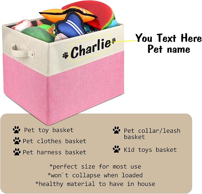 PET ARTIST Large Dog Toy Basket, Custom Toy Bin Box Personalized with Pet's Name, Collapsible Pet Storage Baksets With Handle for Toys,Blankets,Accessories- Pink - Image 4
