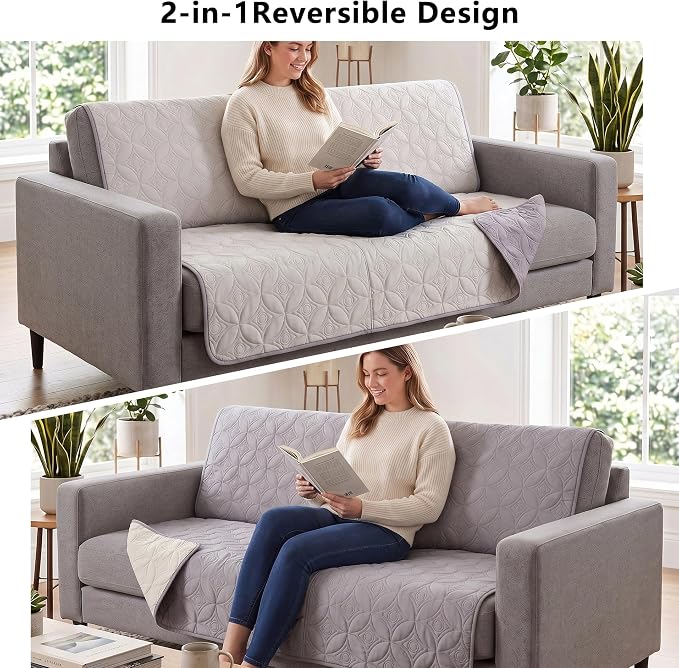Waterproof Couch Cover for Dogs - Washable Pets Furniture Protector | TPU Leak-Proof Liner, Lightweight & Reversible, Fits Chair, Sofa, Bed, 82" x 82" , Lightgrey/Cream - Image 4