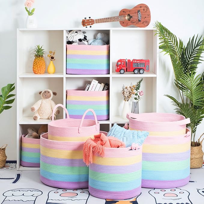 MINTWOOD Design 3-Pack Storage Baskets and Cube Bins for Shelves, Playroom and Classroom, Decorative Woven Closet Organizers for Books, Shoes, and Pantry Items, Pastel Rainbow - Image 9
