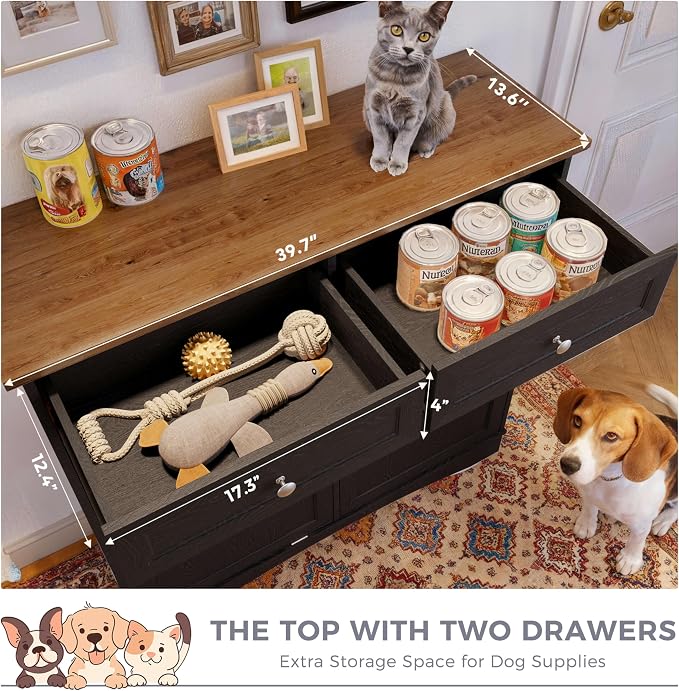 FIMELLO 39.7’’W Dual Doors Dog Food Storage Cabinet, Tilt-Out Dog Feeding Station with 4 Feeding Bowls, Pet Feeder Cabinet, Black Grain - Image 3