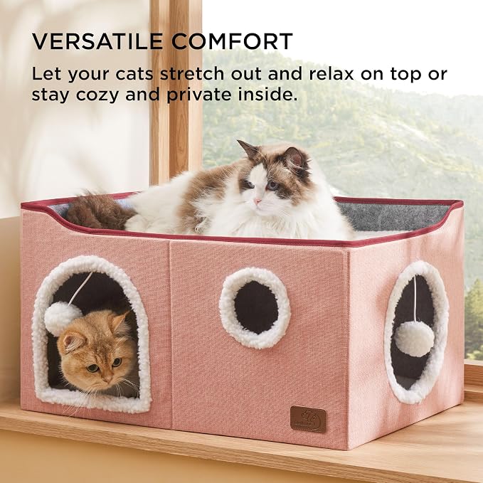 Bedsure Extra Wide Cat House Bed with Fluffy Ball and Scratch Pad,Pink | 23.6x16.9x13 in,Indoor Cat Cave for Multiple Pets, Foldable Cat Hideway Cube for Sleeping Large Cat and Kitten - Image 3