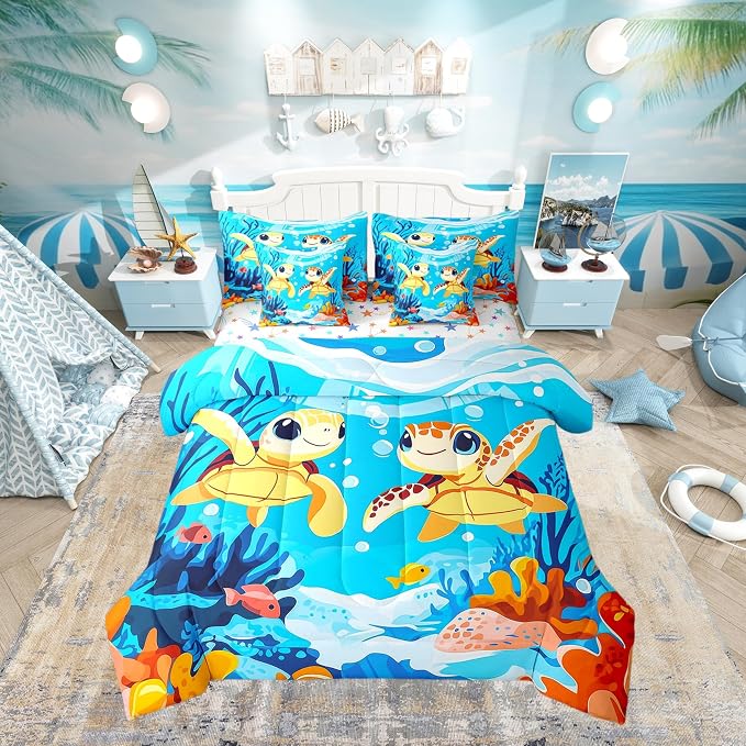 Erosebridal Cute Turtle 7-Piece Bedding Set King Size, Reptile Tortoise Comforter Set with Sheets, Underwater World Sea Animal Bed in A Bag, Colourful Coral Bedding Comforter Sets by Erosebridal