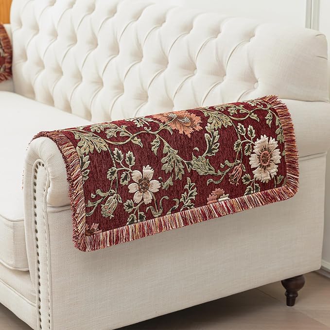 Loom and Mill Vintage Chenille Sofa Arm Covers 2 PCS, Rust Red, 20x24in | Rustic Floral Jacquard Couch Armrest Cover with Fringe Trim, Non-Slip Furniture Protector for Chair Sofa Recliners Couch Dogs by LoomandMill