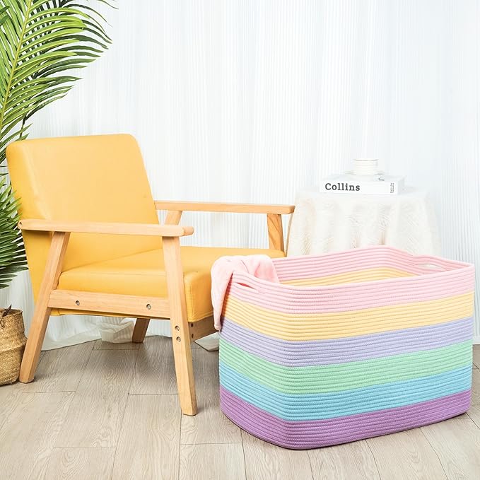 MINTWOOD Design 112L Extra Large Blanket Basket Holder Living Room, 25"x17"x16" Rectangle Rope Woven Storage Basket with Handles for Laundry, Towels, Shoes, Dog Toy Organizer Bin Box, Pastel Rainbow - Image 4