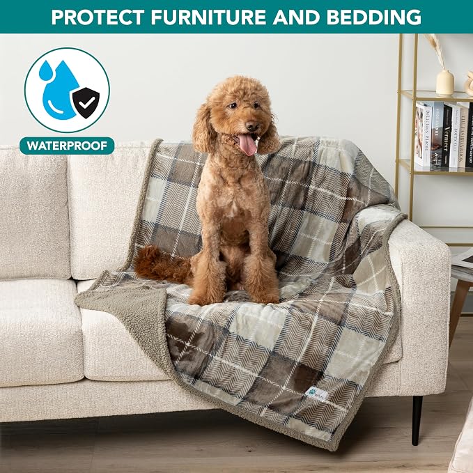 PetAmi Waterproof Dog Blanket for Couch, Large 60x40, Pee Proof Sherpa Fleece Reversible Pet Throw, Furniture Protector for Bed Sofa Kennel, Soft Washable Cover for Medium Dogs Cats, Plaid Taupe - Image 7