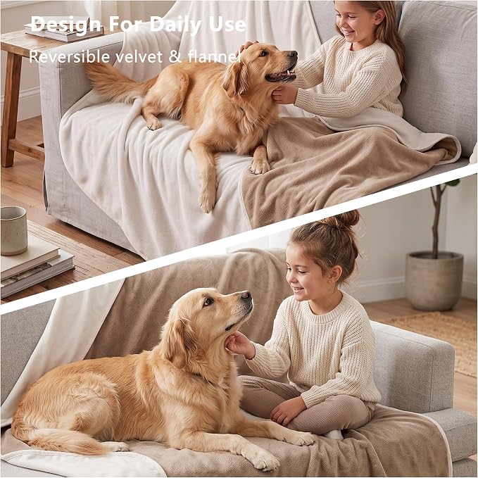Waterproof Blanket for Dogs - Reversible Furniture Protector | TPU Leak-Proof Liner, Soft Velvet & Flannel Pet Throw, Machine Washable, For Couch and Bed, 52" x 82", Beige/Khaki - Image 5