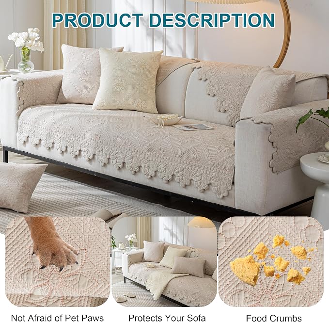KRFOONN Cotton Quilted Dog Couch Cover for Sofa (Khaki, 2PC 27.6" x 27.6") | Farmhouse Embroidery Sectional Couch Cover Washable, Soft Non Slip Sofa Slipcover Cushion Furniture Protector for Kids, Pets - Image 6