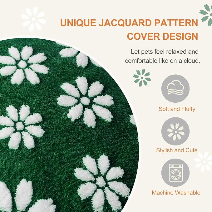 Cute Fluffy Dog Beds for Large Dogs, 35"x 22", Green Flower | Thick Dog Bed for Crate Kennel, Pet Bed with Removable Washable Cover, Anti-Slip Bottom - Image 5