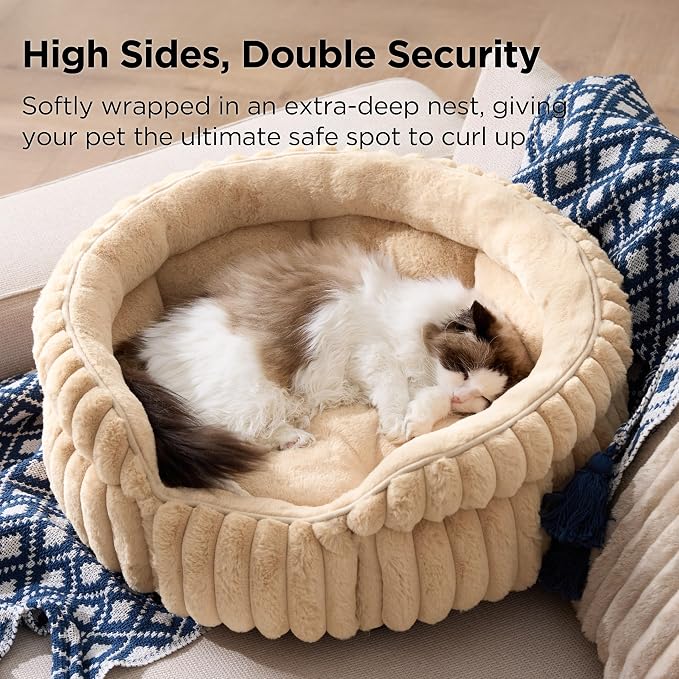 Bedsure ComfyFleece™ Washable Cute Large Cat Bed,Soft Round Puppy Bed,23in | Cozy Fluffy Plush Small Dog Bed,Donut Corduroy Cuddler Pet Beds for Indoor Big Cats,Anti-Slip Bottom,Up to 20 Lbs,Sandy Beige - Image 3