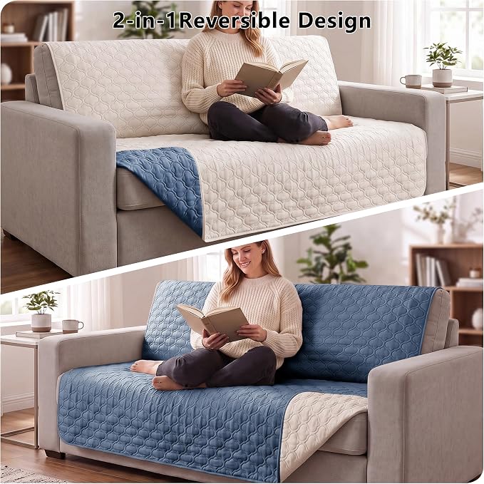 Waterproof Couch Cover - Washable Dog & Pet Furniture Protector | TPU Leak-Proof Liner, Microfiber Fabric, Lightweight & Reversible, Fits Sofa and Bed, 82" x 102" , Blue/Cream - Image 4
