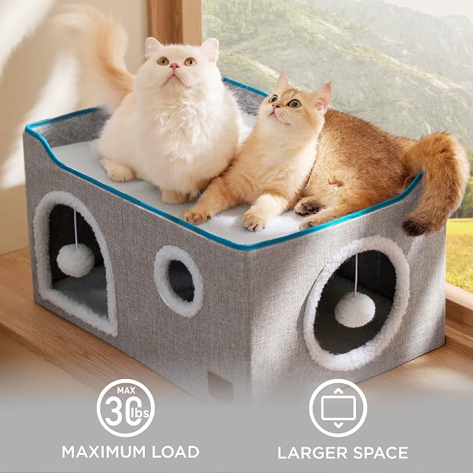 Bedsure Extra Wide Cat House Bed with Fluffy Ball and Scratch Pad,Grey | 23.6x16.9x13 in,Indoor Cat Cave for Multiple Pets, Foldable Cat Hideway Cube for Sleeping Large Cat and Kitten - Image 4