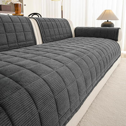 Velvet Couch Covers for Sectional Sofa Washable, Non-Slip L Shaped Sectional Couch Cover, Soft Pet Couch Covers for Sofa, Furniture Slipcovers for 3 Cushion Couch(1PC,35"x94",Dark Grey) by PJLZJFBY