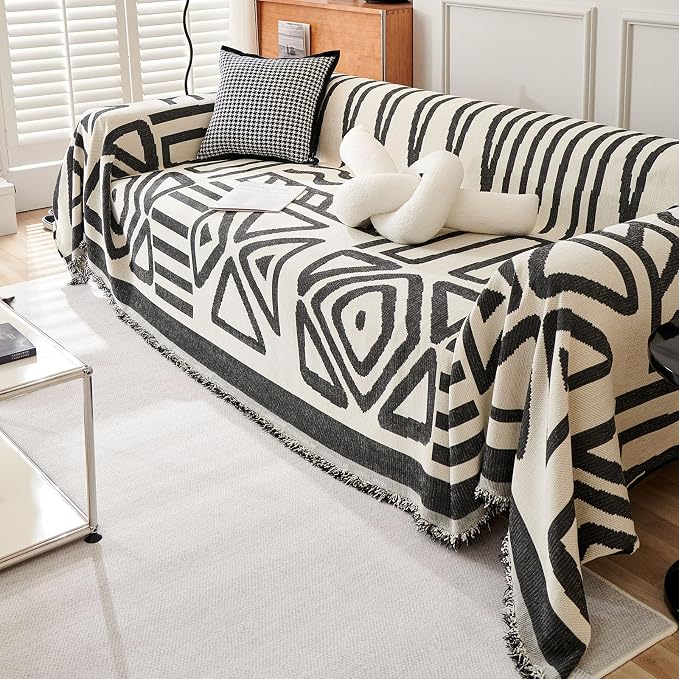 VClife Boho Couch Cover for Dog, Cooling Chenille Sofa Cover for Oversize Couches, Non Slip Washable Couch Protector for Pet Throw Cover for Couches and Sofas, White-Black, 71"X150" - Image 3
