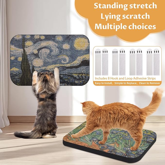 2 Pack Cat Wall Scratcher, Art Cat Scratching Board for Cats | Wall Mounted Cat Scratch Pad, Water-Based Ink, Hook&Loop Strips, Floor or Wall Use, 16.7x11x1 Inch, Series 1 - Image 3