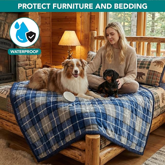 PetAmi Waterproof Dog Blanket for Couch, Extra Large 80x60, Pee Proof Sherpa Fleece Reversible Pet Throw, Furniture Protector for Bed Sofa Crate Kennel, Soft Washable Cover for Dogs, Plaid Blue - Image 2