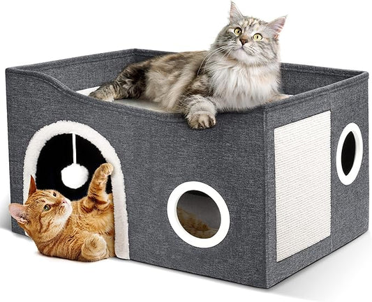 Heeyoo Cat House for Indoor Cats - Large Cat Bed Cave with Fluffy Ball and Scratch Pad, Foldable Cats Houses & Condos, Cat Hideaway, Covered Kitty Bed for Multi Small Large Kitty, 23.8x15.9x13.2 Inch by Heeyoo