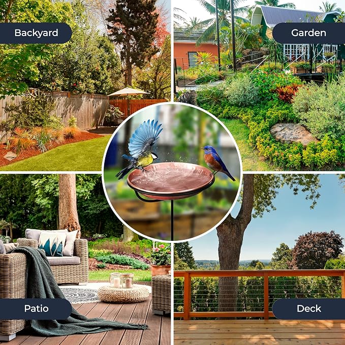 Monarch Abode Standing Bird Bath & Bird Feeder for Outdoors – Pure Copper Hand Hammered Birds Bath Bowl w/ 34-inch Detachable Iron Stand, Wild Birdfeeder and Birdbath for Outside Garden Backyard - Image 3