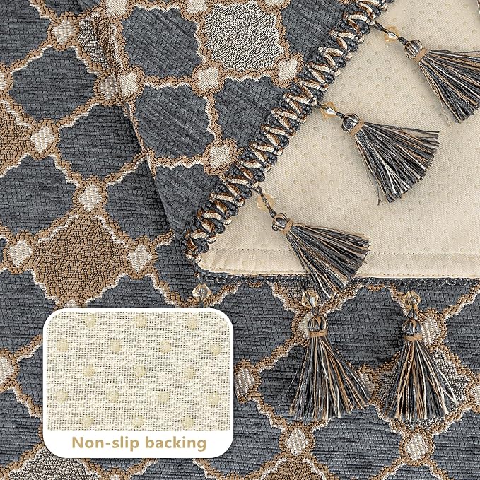 Loom and Mill Chenille Sofa Arm Covers 2 PCS, Blue-Grey+Khaki+Beige,20x24in | Elegant Checkered Jacquard Couch Armrest Cover with Tassels, Non-Slip Furniture Protector for Chair Sofa Couch Dogs Pets - Image 4