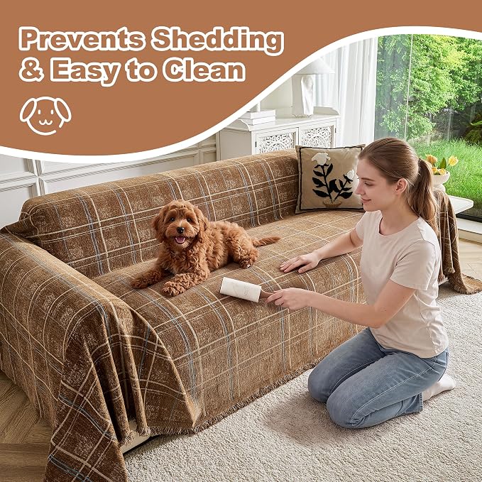 Couch Cover for Dogs Washable Sofa Cover, Sectional Couch Covers, Sofa Covers for 2 Cushion Couch, Non Slip Stripe Sofa Slipcovers Furniture Protector (Brown Checkered 71x118) - Image 6