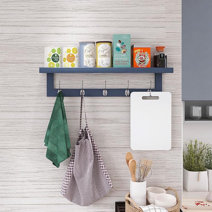 SMIBUY Coat Hooks with Shelf Wall-Mounted, 29.2 Inch Entryway Coat Rack for Wall, Bamboo Hanging Shelf with 5 Double Metal Hooks for Bathroom, Bedroom, Kitchen, Living Room, Mudroom (Grey) - Image 7