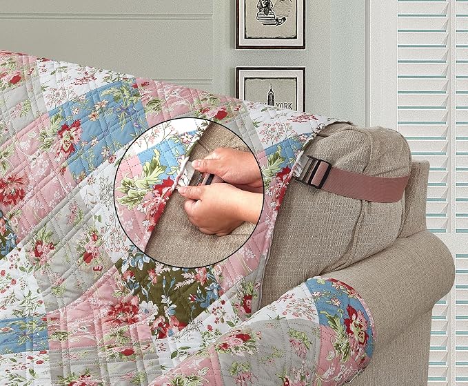 Brilliant Sunshine Peach and Olive Flowers Couch Cover, 78" seat | Patchwork Design, Non Slip Sofa Cover, Quilted Furniture Protector, Extra Large Washable Slipcover for Pets, Dogs & Cats - Image 4