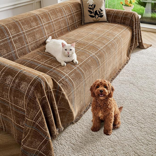 Couch Cover for Dogs Washable Sofa Cover, Sectional Couch Covers, Sofa Covers for 2 Cushion Couch, Non Slip Stripe Sofa Slipcovers Furniture Protector (Brown Checkered 91x118) by Unknown