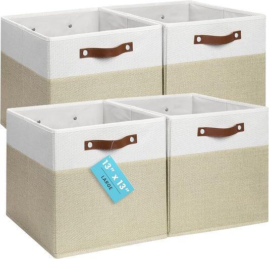 OrganiHaus 13x13 Cube Storage Bins, Set of 4 - Fabric Storage Cubes | Sturdy, holds its shape; odor-free; fits IKEA Kallax and Expedit; vegan leather handles by OrganiHaus