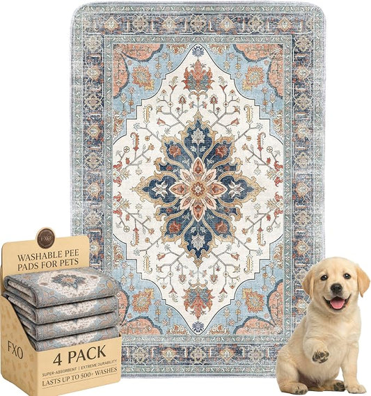 4PACK Washable Pee Pads for Dogs,Great Urine Absorbent Reusable Puppy Training Pads,Waterproof,Leak-Proof & Non-Slip Potty Pads for Whelping,Crate,Playpen,Bed.(Blue Floral,24"x36") by Peepads