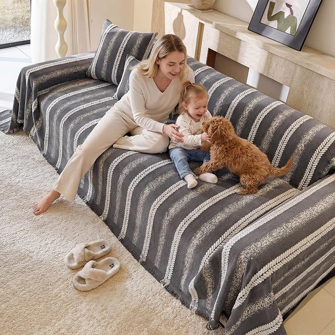 Couch Cover for Dogs Washable Sofa Cover, Sectional Couch Covers, Sofa Covers for 2 Cushion Couch, Non Slip Stripe Sofa Slipcovers Furniture Protector (Dark Gray, 75 * 102) - Image 3