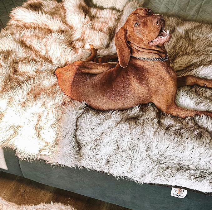 Faux Fur Dog Blanket, Waterproof Couch Cover, White w/ Brown Tips 60"x50" | Plush Sheepskin Style Pet Throw for Sofa, Bed, and Car, Washable Furniture Cover that Protects From Fur and Spills - Image 6