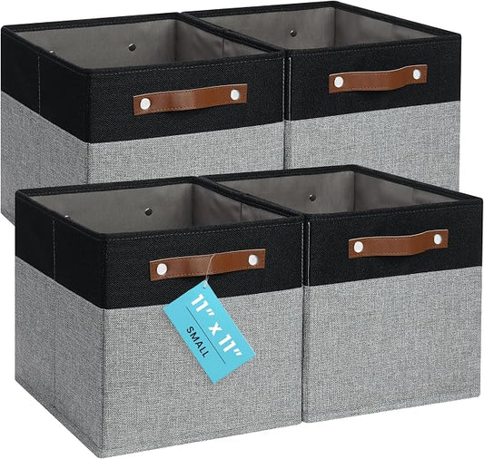 OrganiHaus 11x11 Cube Storage Bins, Set of 4 - Fabric Storage Cubes | Sturdy, holds its shape; odor-free; fits ClosetMaid 11-inch shelves; vegan leather handles by OrganiHaus