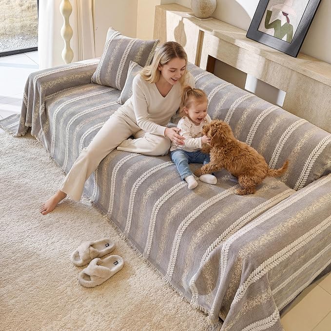 Couch Cover for Dogs Washable Sofa Cover, Sectional Couch Covers, Sofa Covers for 2 Cushion Couch, Non Slip Stripe Sofa Slipcovers Furniture Protector (Light Grey, 71 * 118) - Image 3