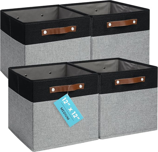 OrganiHaus 12x12 Cube Storage Bins, Set of 4 - Fabric Storage Cubes | Sturdy, holds its shape; odor-free; fits 12-inch cube shelves; vegan leather handles by OrganiHaus