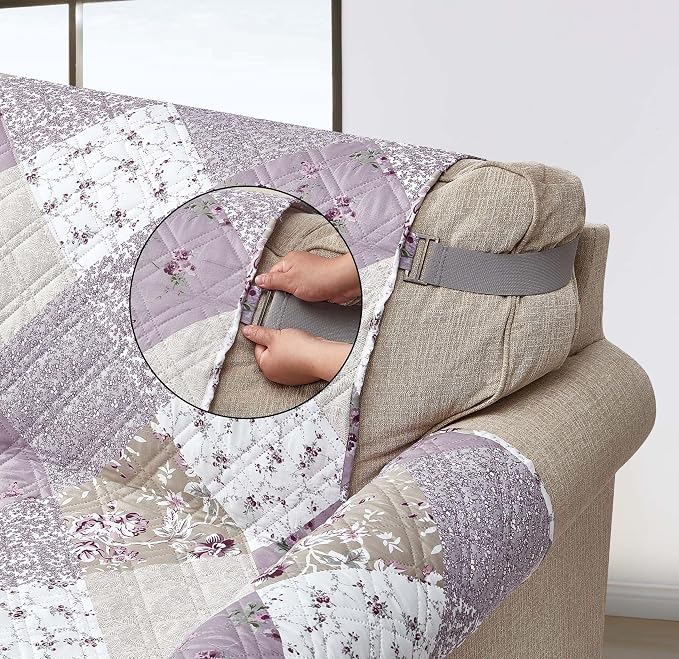 Brilliant Sunshine Lilac & Beige Roses Loveseat Cover, 54" seat | Non Slip Sofa Cover, Patchwork Design, Quilted Furniture Protector, Large Washable Love Seat Slipcover for Pets, Dogs & Cats - Image 4